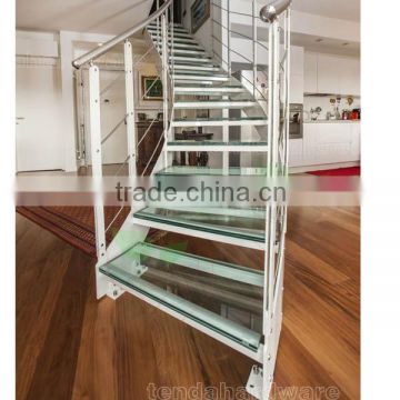 steel structure curved stairs in white with clear lamimated glass tread and metal railing