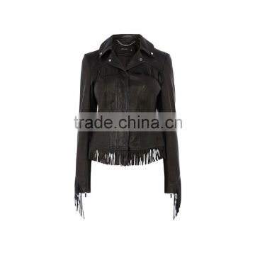 Lady's Genuine Sheepskin Leather Fringe Jacket, Black