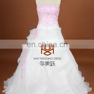 HMY-S062 Real Images Customized A-Line Floor Length Strapless Satin Tulle Applique Wedding Dress 2017