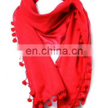 Plain color stole scarf with pompoms
