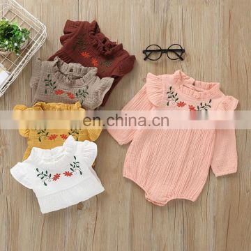 Wholesale Fashion Romper Full Sleeve  Ruffle Flower Embroidery Baby Linen Romper