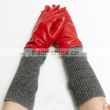 2016 fashion winter ladies red color sheepskin long sexy opera leather gloves