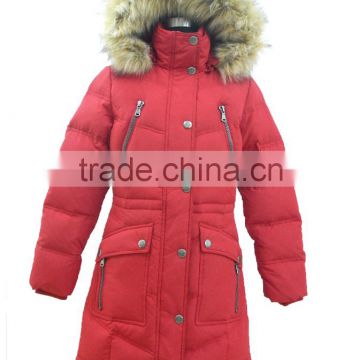 women winter toggle waist duck down feather puffer jacket with fur hood