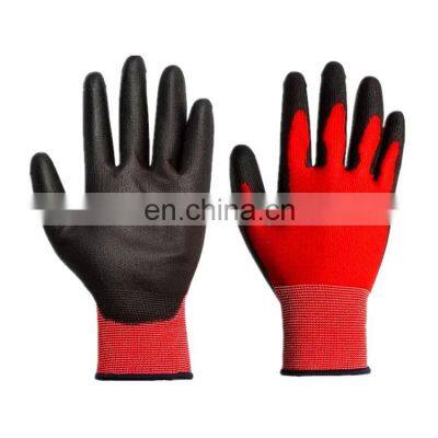 13Gauge Machine Knitted Red Polyester Knit Work Gloves Good Grip Guantes recubiertos de PU Safety Polyurethane Gloves