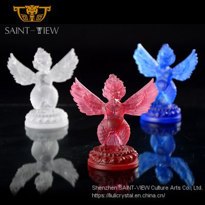 Exquisite Religious Crystal Glass Liuli Garuda Dhwaja Roc Great Bird Statues