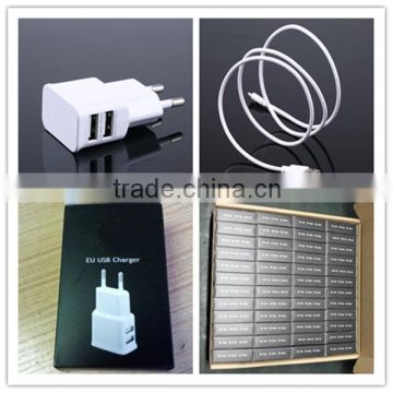 OEM black white gold logo printing us eu 1.5a dual usb universal travel charger with micro cable and paper box