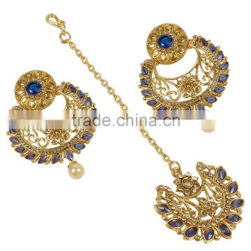 Indian Gorgeous Antique Gold Plated Drop Earrings With Tikka Set For Girls & Women