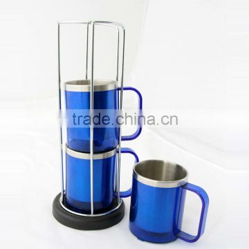 8 oz 3 in 1 Cheap Clear Plastic Shell Stainless Steel Interior Coffee Mug Set with rack , food grade fda approved stainless stee