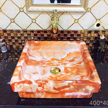 China factory Orange color popular design square no hole ceramic bathroom hotel luxury wash basin art sink for sale