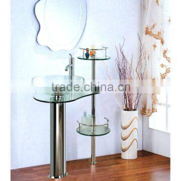 High Quality Tempered Glass Bathroom Sink, Transparent Glass with Stainless Steel Holder