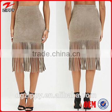 2015 High fashion design womens clothing faux suede fringe skirt for women