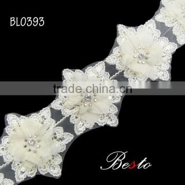 Handmade white chiffon fabric flower trim for bridal decoration