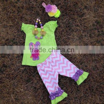 2015 new baby girls easter lime pink lavender bunny capri top set easter outfits with matching necklace and bow set