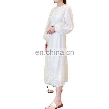 TWOTWINSTYLE Embroidery Lantern Sleeve High Waist With Sashes Ruched Dress Women
