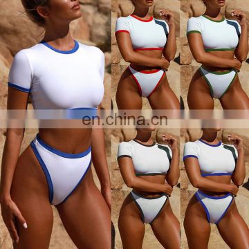 OEM New Short-Sleeved Split Tube Top Bikini Brazilian Swimsuit Sexy High Waist Swimwear Thong Bottoms T-Shirt Bikini