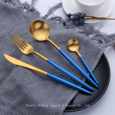 Blue Gold Colored Cutlery Knives Forks Spoons Kitchen Dinnerware Stainless Steel Party Tableware