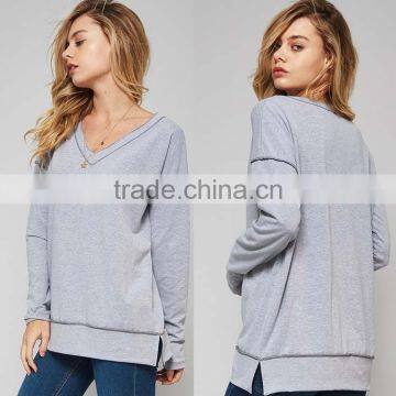 Fancy sports jersey new model Women Loose Fit Long Sleeves Dropped Shoulder V Neck Marled Cotton french terry Sweatshirts