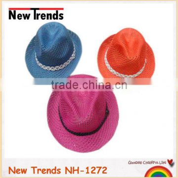 Solid colors acrylic braided fedora hat with cute ribbon