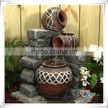 Beautiful three pots rustic garden lighted water fountain