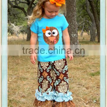 Turkey Tail Set Double Ruffle Pants and Turkey Top Long or Short Slvd Applique Blue Shirt & Floral Ruffle Pant set 2016