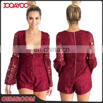 Adult Lady Deep V Neck Long Hollow Out Sleeve Wine Red Lace Boutique Womens Romper