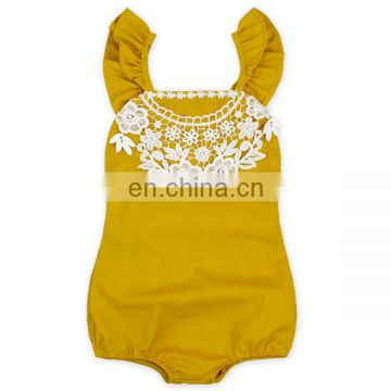 Trendy Newborn Baby Romper Yellow Plain Lace Flutter Sleeve Design Clothes Baby Girl Romper
