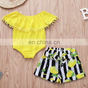 Baby Girl Yellow 2pcs Outfit Summer Clothing Set Lotus collar romper & lemon print shorts for 3-18M