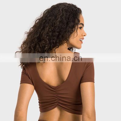 High Quality Built In Bra Beauty Back Sexy Short Sleeve Crop Top  Women Fashion Slim Gym Yoga T Shirt Fitness Sports Wear