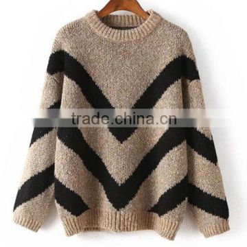 BGA15078 Women round neck V stripped long sleeve 100%polyester sweater