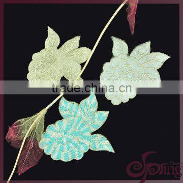 Metallic yarn embroidery design floral motif, mesh fabric lace embroidery for dress