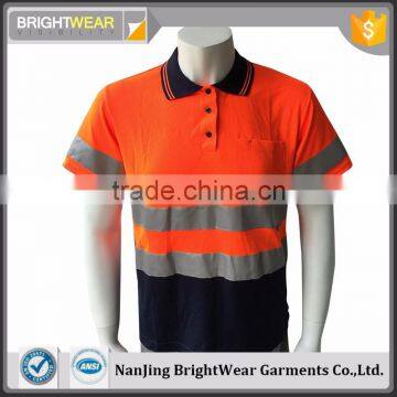 Hi vis orange reflective safety short sleeve 3M reflective tape birdeye 100% polyester security polo shirt