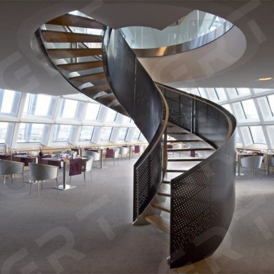 Modern art design Arc / curved staircase with perforated railing steel balustrade
