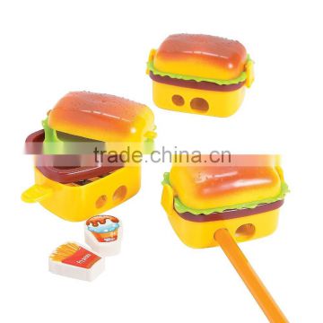 Hot Sale Two Hole Creative Cute Fashion Hamburger Shaped Plastic Pencil Sharpener With 2 Erasers Novelty Children Study Tools