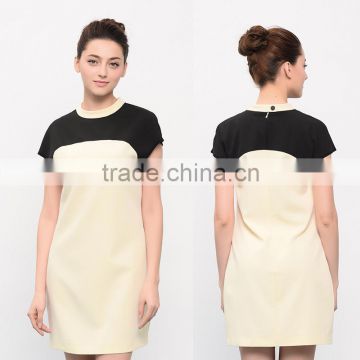 Women Patch Design OL Style A-Line O-Neck Color Block Dress Bodycon Chiffon Summer