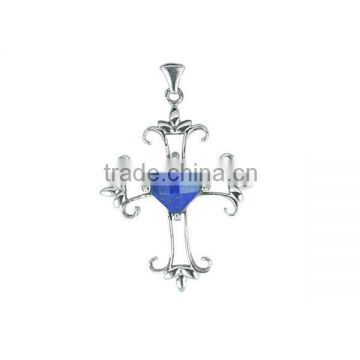 925 Sterling Silver Square Checker Cut Lapis Cross Pendant Jewelry
