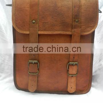 Hand made vintage leather back pack flap messenger bag grained leather