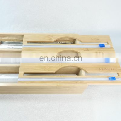 Hot sale 3 in 1 bamboo roll kitchen organizer plastic wrap dispenser with cutter