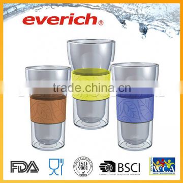 Easy to Carry FDA Grade Borosilicate ilicone Lid Double Glass Cup
