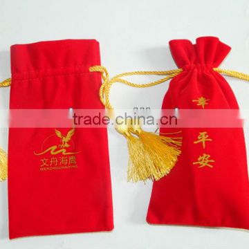 velvet wine bag with tassels,embroidery wine bag