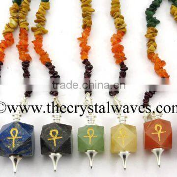 Ankh Engraved Hexagonal Pendulum Chakra Set With Chakra Chips Chain