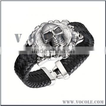 Fashionable skull badge design hot sell high quality leather bracelet 2016