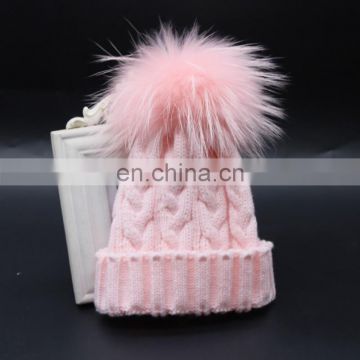 Hot Sale Lovely Color Knitted Wholesale Wool Knit Hat Baby With 13cm Raccoon Fur Pompom