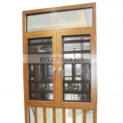 modern home design twin casement open double glazed wooden grain aluminum frame mesh screen window with security burglar bars