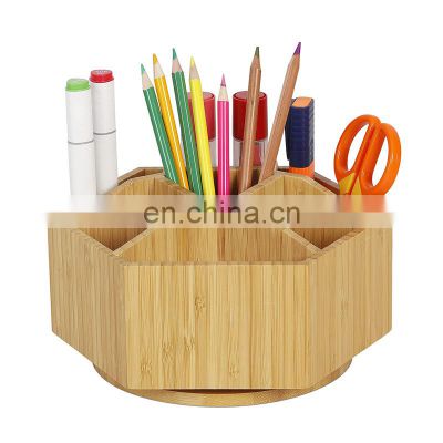 Bamboo Rotating Desktop Organizer Colored Pencil Holder with 7 Sections Storage Box for Pen Pencil Crayon Marker and Craft