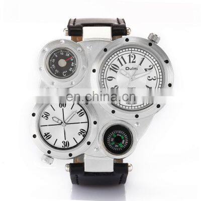 OULM 9415 Creative design Multiple Time Zone Watches Men Sport Thermometer Compass Decoration Leather Military Wristwatch