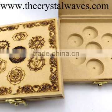 Wholesale Chakra symbol Etched wooden box with 7 holes for chakra disc set