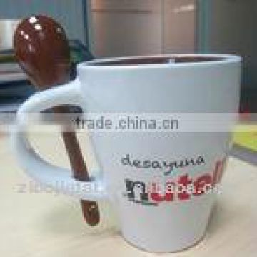 Inner Glazed Drum Shape Ceramic Spoon Mug with 4-Color Printing Logo