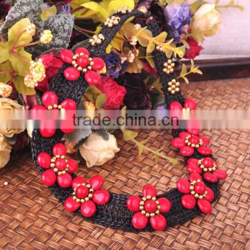 wax cord red tophus ethnic embroidery hand made necklace for women