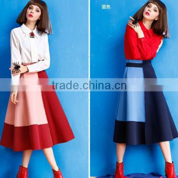 2015 winter hot sale womens A-Line High Waist patchwork long skirt