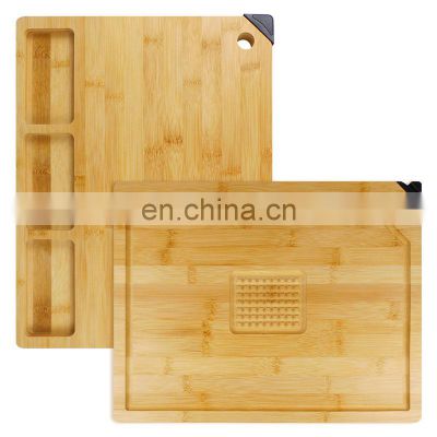 Extra Large Thick Organic Bamboo Cutting Board Butcher Block With 3 Built-In Compartments Juice Grooves Knife Sharpener